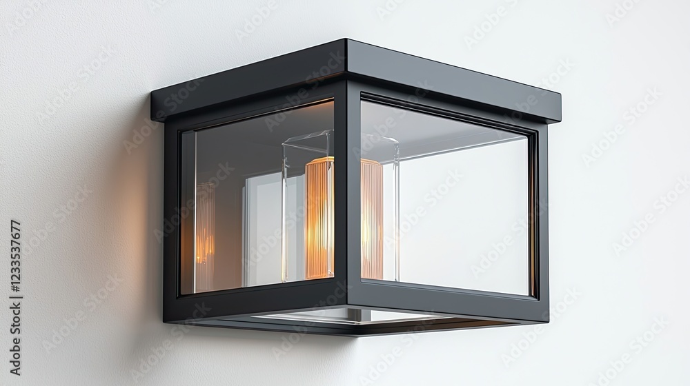 Modern wall-mounted lantern with warm glowing bulbs against a minimalist background Modern wall-mounted lantern with warm glowing bulbs against a minimalist background