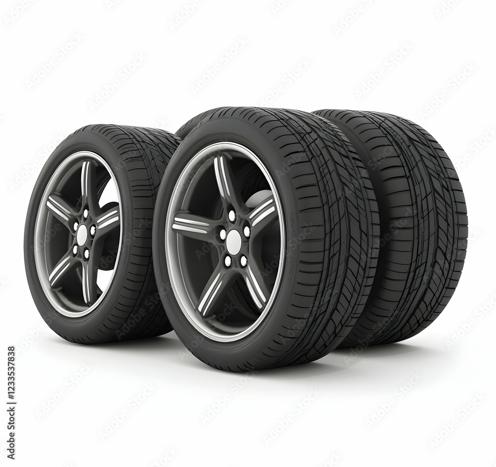 Close-up of Two Sleek Alloy Wheels with Black Tires, a Perfect Blend of Performance and Style, Displayed Against a Pristine White Background. Close-up of Two Sleek Alloy Wheels with Black Tires, a Perfect Blend of Performance and Style, Displayed Against a Pristine White Background.