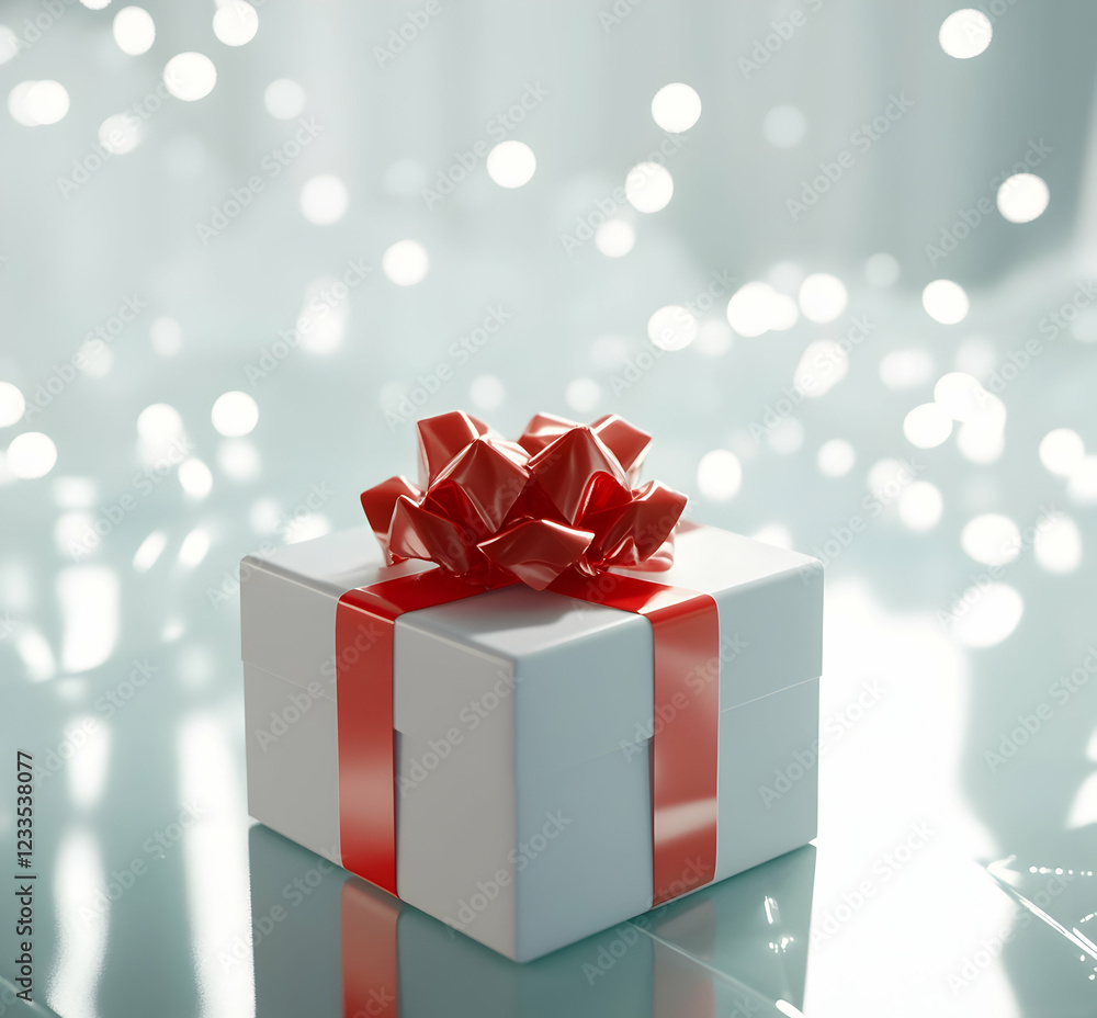 A Gift Wrapped in Red Ribbon and White Box, Sparkling Lights Background A Gift Wrapped in Red Ribbon and White Box, Sparkling Lights Background