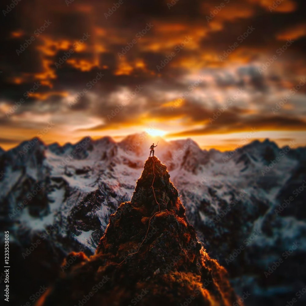 Fototapeta premium Sunset Climber Mountain Peak Adventure Success Freedom