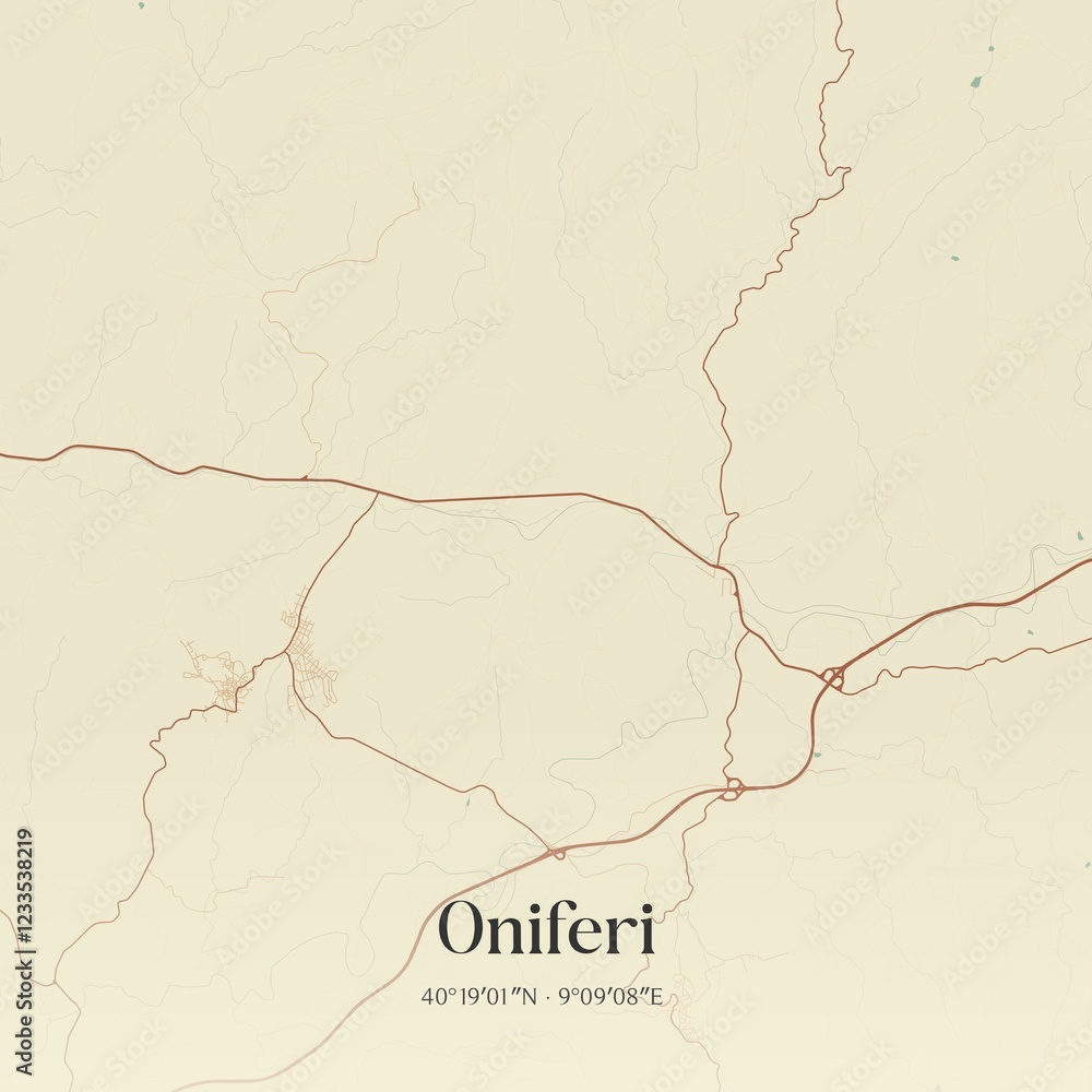 Vintage map of Oniferi, Italy.