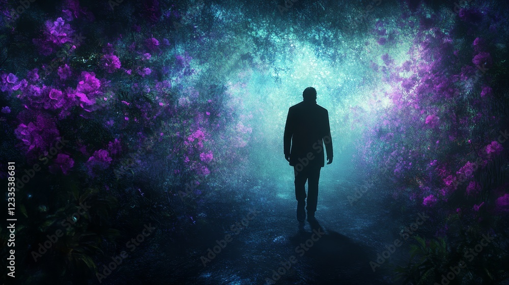 Fototapeta premium Man Walking Through A Mystical Flower Tunnel