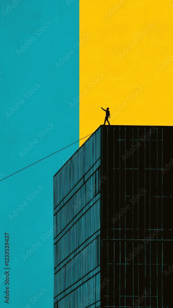 High-Risk Balance Act Above Cityscape with Vibrant Color Blocks in Background High-Risk Balance Act Above Cityscape with Vibrant Color Blocks in Background