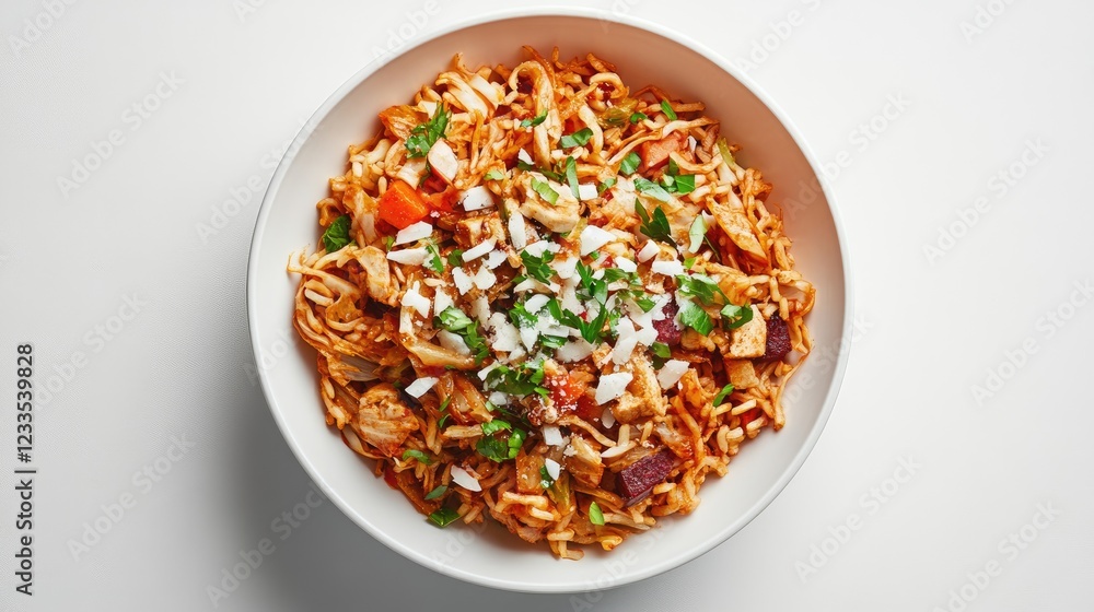 Chicken noodle pasta dish, tomato sauce, cheese, herbs. Food photography for recipe Chicken noodle pasta dish, tomato sauce, cheese, herbs. Food photography for recipe