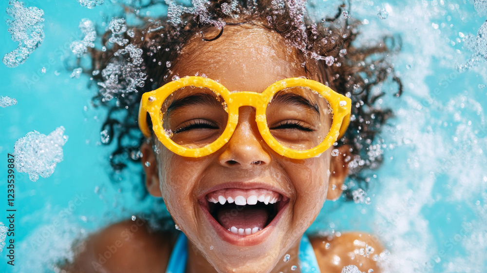 Fototapeta premium Close-up of a happy child with curly hair wearing yellow goggles and smiling brightly, enjoying a playful moment in vibrant turquoise water.