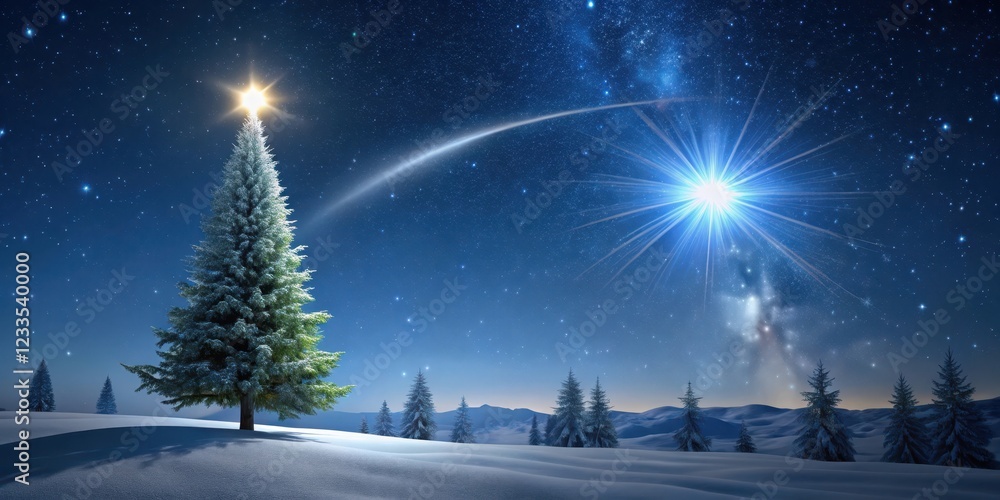 Naklejka premium Dark night sky with shooting star and Christmas tree in foreground