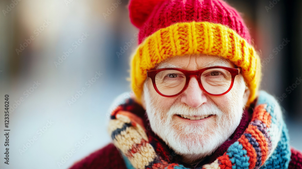 Warmly dressed elderly man with a cheerful expression, wearing vibrant winter clothes and smiling warmly outdoors, capturing the joys of embracing winter in cheerful and cozy clothing. Warmly dressed elderly man with a cheerful expression, wearing vibrant winter clothes and smiling warmly outdoors, capturing the joys of embracing winter in cheerful and cozy clothing.