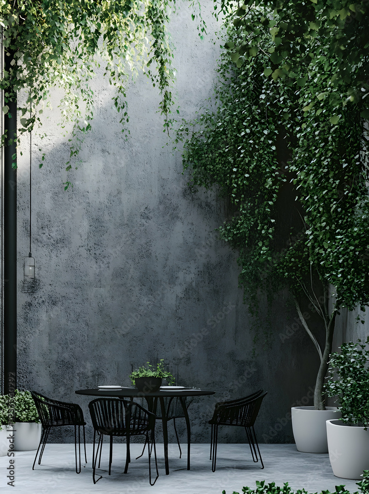 Serene Minimalist Patio: Concrete Wall, Lush Greenery, Black Dining Set Serene Minimalist Patio: Concrete Wall, Lush Greenery, Black Dining Set