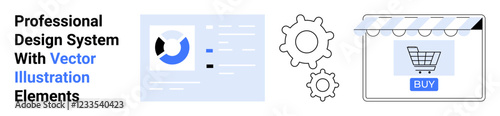 Dashboard with analytics chart, usability gears, and shopping cart under storefront. Ideal for web design, e-commerce, user interface, productivity, marketing, software tools flat landing page