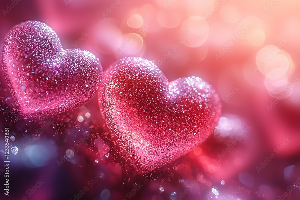 Fototapeta premium Close-up of two sparkling pink hearts, perfect for Valentine's Day.
