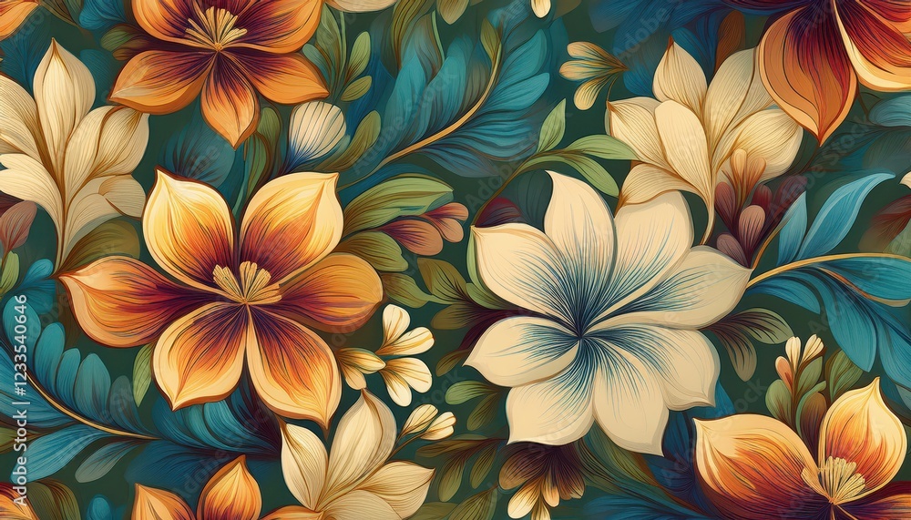 Vivid Blooming Flowers Blossom across a Stunning Seamless Landscape Backdrop, Ideal for Digital Art, Home Decor, or Design Inspiration. Vivid Blooming Flowers Blossom across a Stunning Seamless Landscape Backdrop, Ideal for Digital Art, Home Decor, or Design Inspiration.