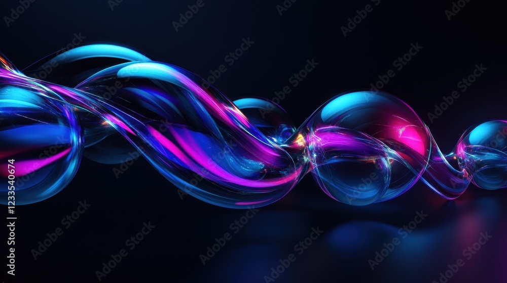 Abstract 3d banner with luminous glass spheres connected by fibers. Geometric dark wallpaper with molecular plexus mesh with copy space for text. Design concept for modern IT technologies, medicine Abstract 3d banner with luminous glass spheres connected by fibers. Geometric dark wallpaper with molecular plexus mesh with copy space for text. Design concept for modern IT technologies, medicine