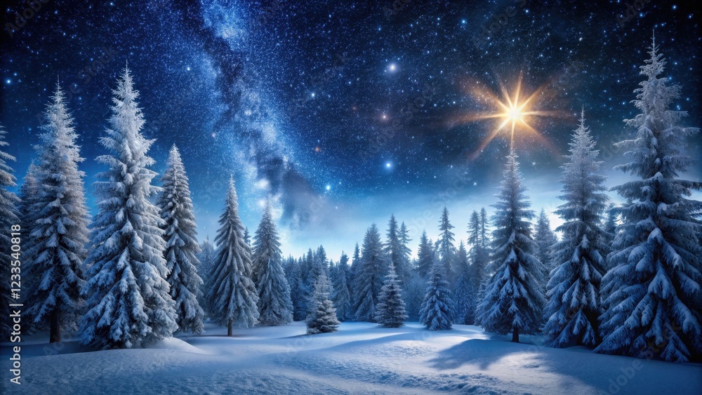 Frosty forest landscape at night with snow-covered trees and bare fir branches against a dark sky with stars , dark sky, fir branches Frosty forest landscape at night with snow-covered trees and bare fir branches against a dark sky with stars , dark sky, fir branches