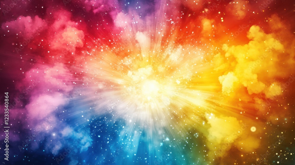 Abstract banner with an explosion of yellow, red, blue clouds of smoke on sky. Explosion of imagination. 3d background with an explosion rainbow smoke and sun rays. Design for poster, banner, print