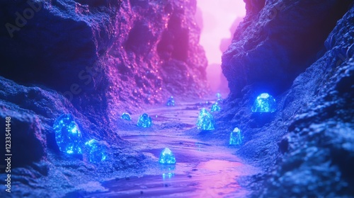 An alien landscape with a futuristic canyon, glowing blue crystals embedded in the walls, and mysterious lights illuminating the depths. photo