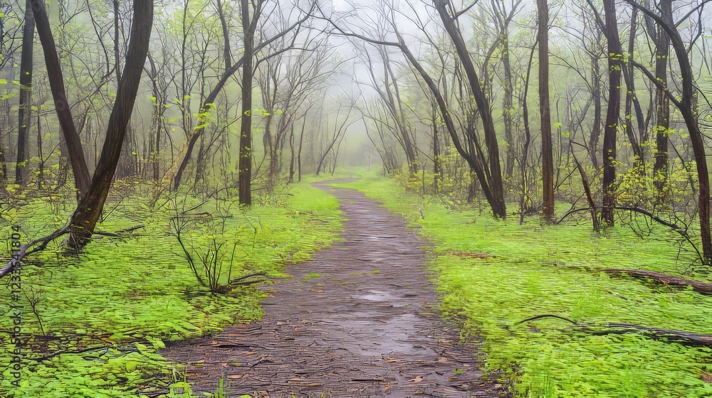 Fototapeta premium Misty Forest Path Spring Green Canopy Trail