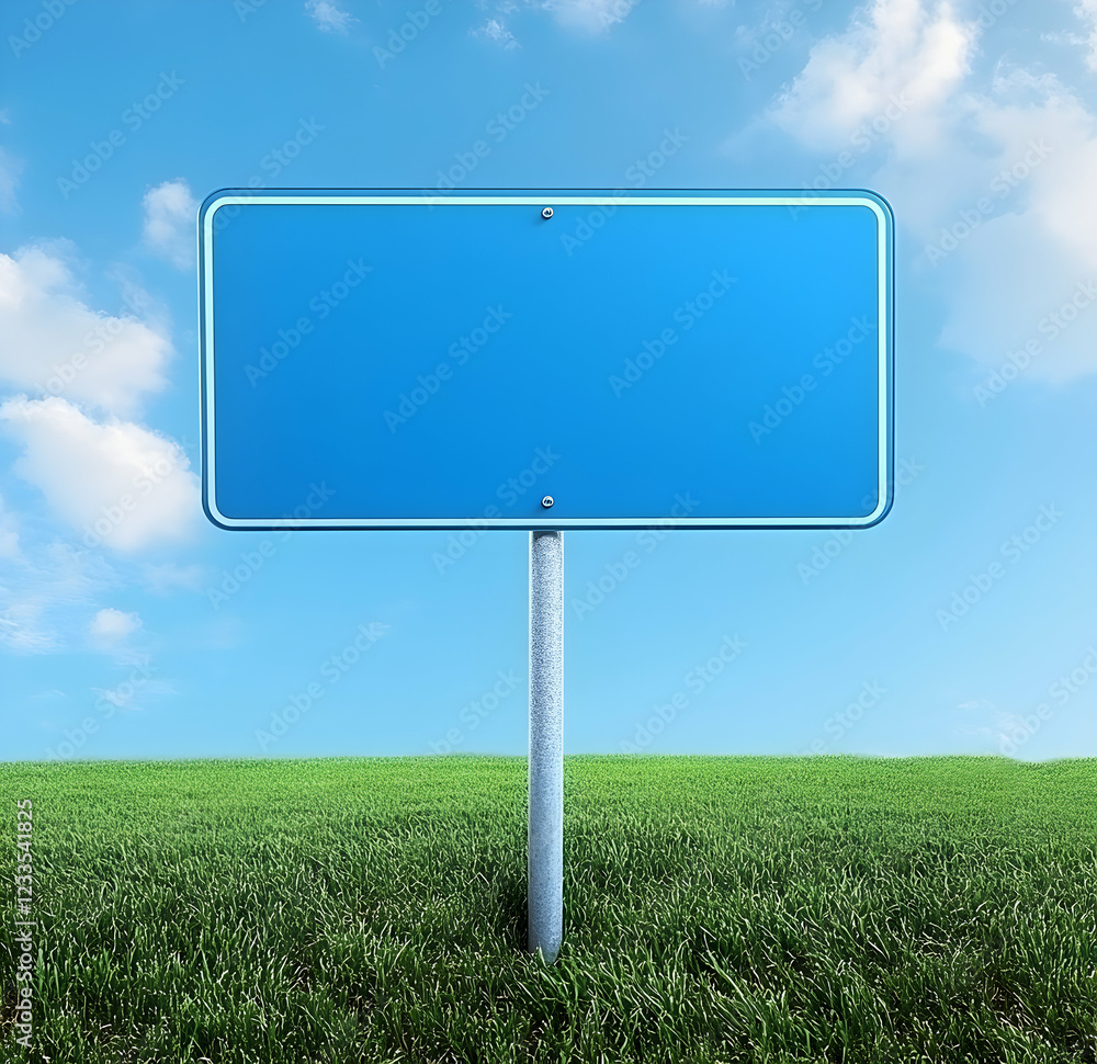 Blank Blue Signpost in a Green Field Under a Bright Sky Blank Blue Signpost in a Green Field Under a Bright Sky