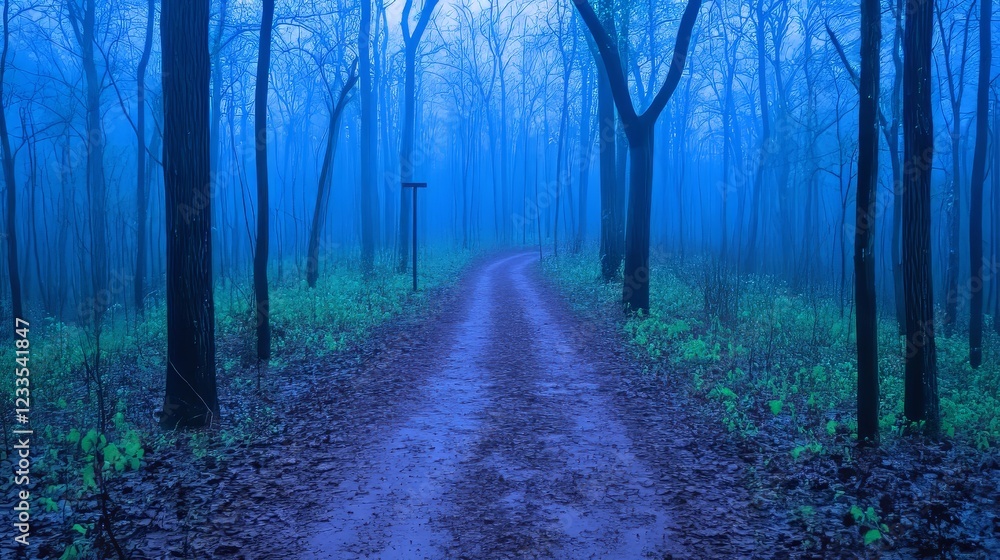 Fototapeta premium Misty Forest Path Winding Through Blue Woods