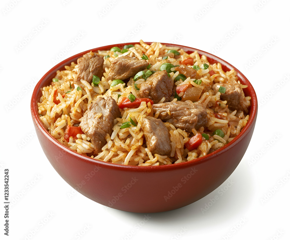 Delicious and Aromatic Beef Fried Rice in a Red Bowl Delicious and Aromatic Beef Fried Rice in a Red Bowl