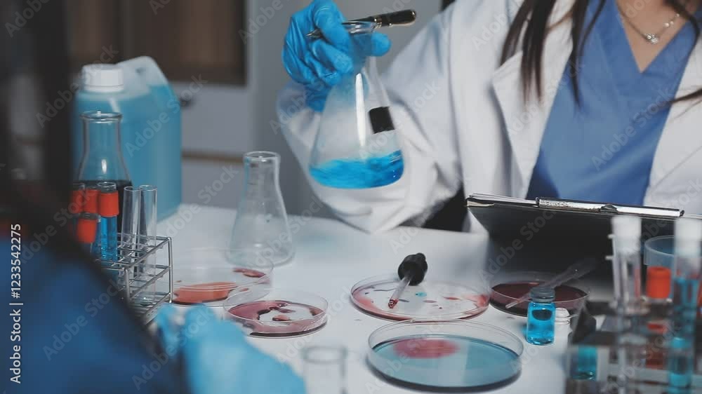 Medical or scientific researcher or man doctor looking at a test tube of clear solution in a laboratory Medical or scientific researcher or man doctor looking at a test tube of clear solution in a laboratory