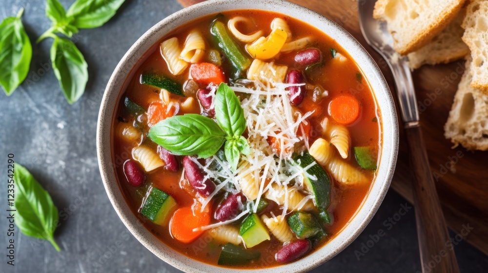 A warm bowl of homemade minestrone soup with vegetables and pasta, garnished with a sprinkle of Parmesan cheese, Centered in a simple ceramic bowl A warm bowl of homemade minestrone soup with vegetables and pasta, garnished with a sprinkle of Parmesan cheese, Centered in a simple ceramic bowl
