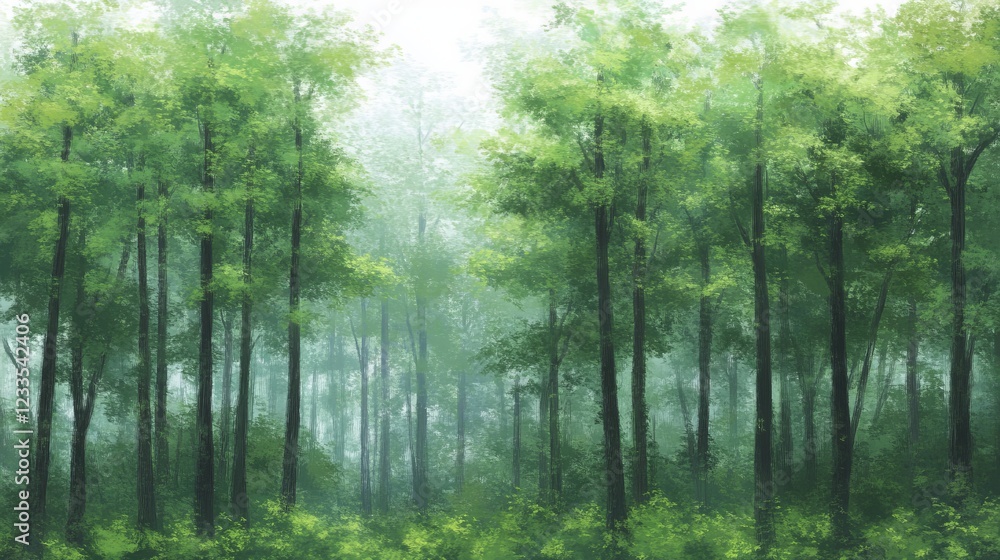 Fototapeta premium Misty Green Forest Scene Tranquil Nature Painting