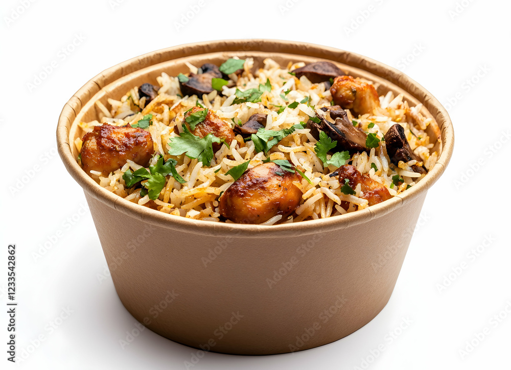 Delicious Mushroom Chicken Biryani in a Takeaway Container Delicious Mushroom Chicken Biryani in a Takeaway Container