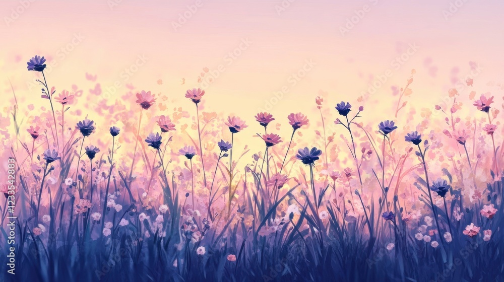 Naklejka premium Illustration of a flower meadow in pastel colors. Nature landscape with fresh grass and wildflowers on blurred background at sunset sky. Sunny spring time, summer or autumn field backdrop.
