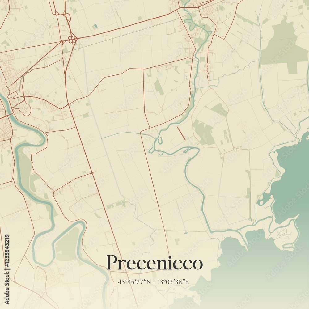 Fototapeta premium Vintage map of Precenicco, Italy.
