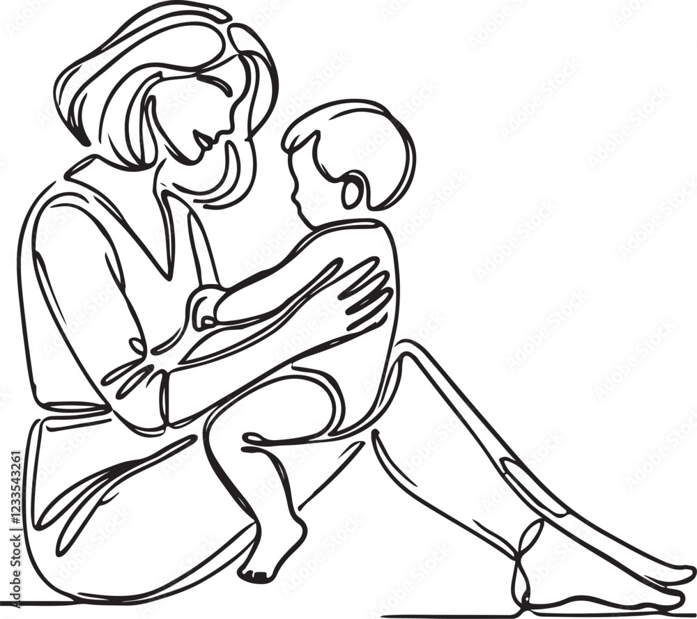 Line Drawing of Mother Holding Toddler on Lap Line Drawing of Mother Holding Toddler on Lap
