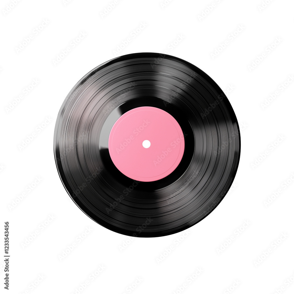 A classic black vinyl record with a pink label in the center, Isolated on white background. A classic black vinyl record with a pink label in the center, Isolated on white background.
