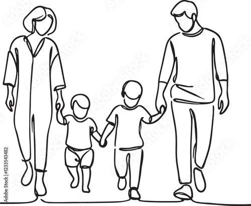 Minimalist Line Drawing of Family Walking Together