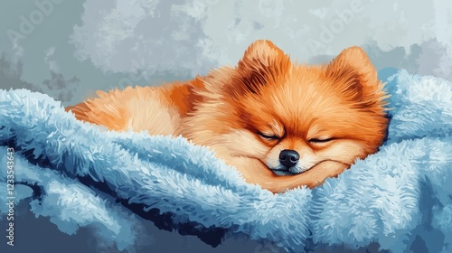 The Pomerania dog is lying napping, resting in bed. A cute pet Pomeranian sleeps on a soft bed on a fluffy blanket. A comfortable life of domestic pets banner. Design for poster print with copy space. photo