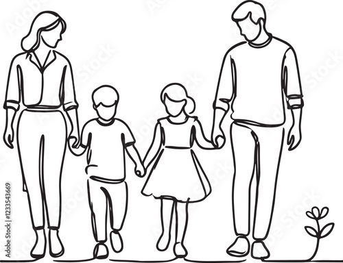 Minimalist Line Drawing of Family Walking Together