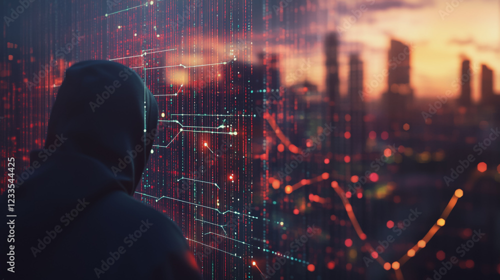 Fototapeta premium Hacker are planning to hack and attack networks and cyber security systems..Smart Innovation city with connection cyber security network reciprocity over the cityscape . future wireless digital city 