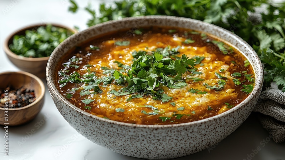 A vibrant bowl of spicy lentil soup garnished with fresh herbs on a kitchen counter A vibrant bowl of spicy lentil soup garnished with fresh herbs on a kitchen counter