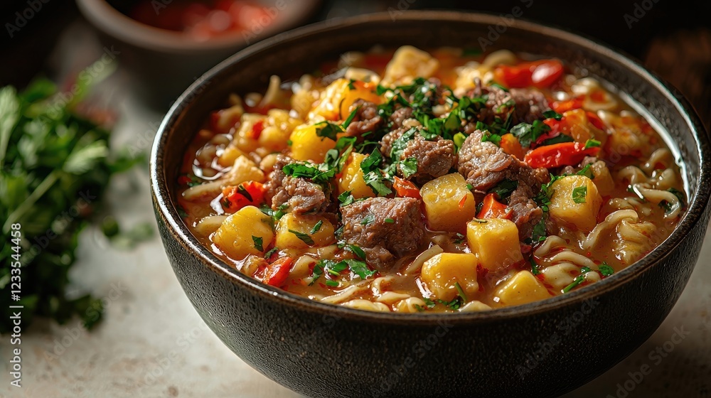 A vibrant bowl of hearty beef soup with vegetables and herbs, served in a rustic setting A vibrant bowl of hearty beef soup with vegetables and herbs, served in a rustic setting