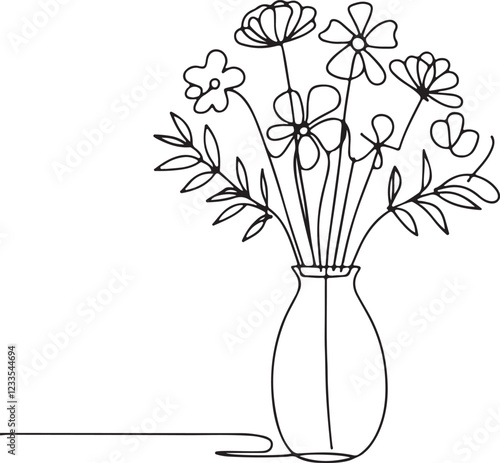 Elegant Line Drawing of Flower Bouquet in Vase