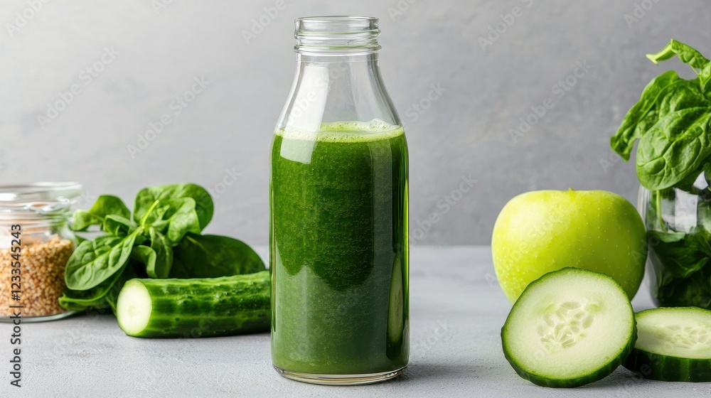 A fresh green smoothie in a glass bottle, surrounded by spinach, cucumber slices, an apple, and a jar of seeds, promoting a healthy lifestyle. A fresh green smoothie in a glass bottle, surrounded by spinach, cucumber slices, an apple, and a jar of seeds, promoting a healthy lifestyle.
