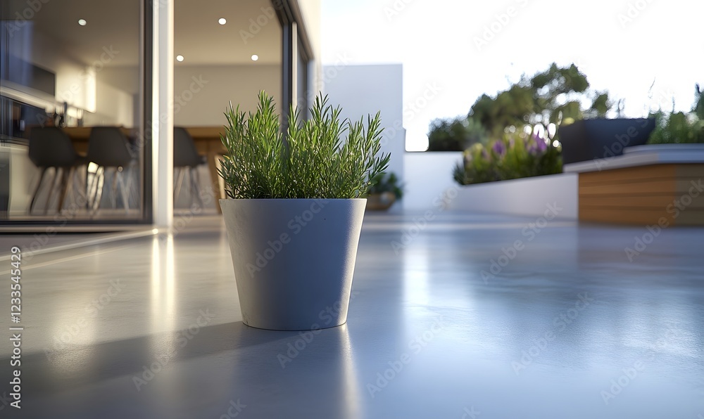 Fototapeta premium Modern patio plant, sleek design, sunlit terrace, Mediterranean background, home decor