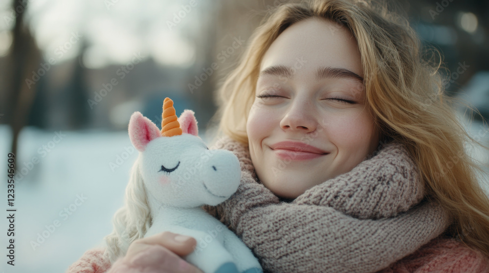 A cheerful young woman holding a unicorn plush toy while standing in a snowy outdoor setting. She wears a warm scarf and smiles blissfully, capturing a heartwarming and joyful winter moment. A cheerful young woman holding a unicorn plush toy while standing in a snowy outdoor setting. She wears a warm scarf and smiles blissfully, capturing a heartwarming and joyful winter moment.