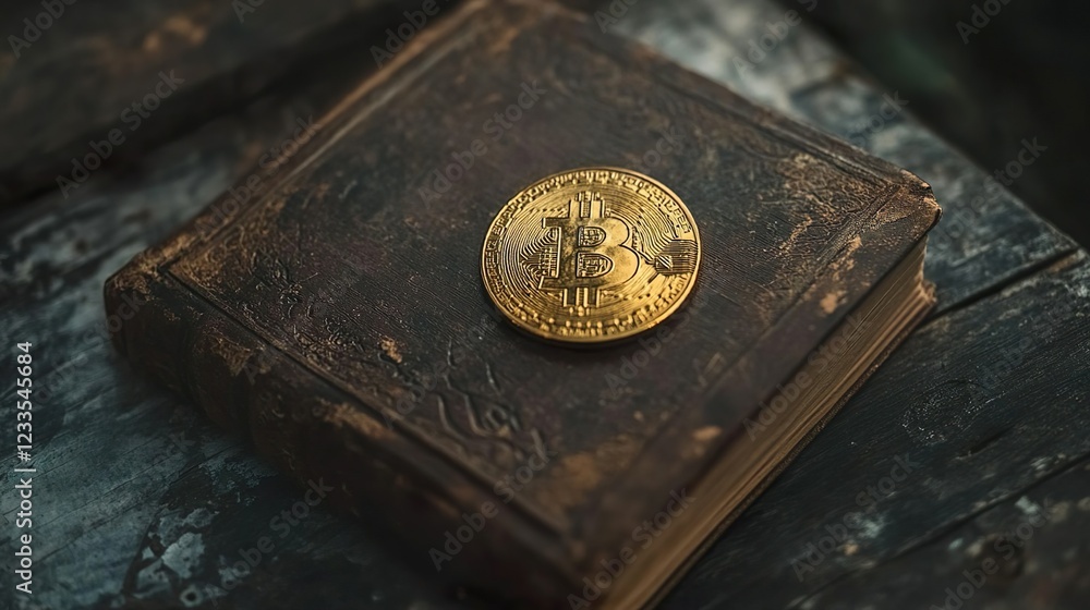 A gold bitcoin sits on an antique book, creating a symbolic contrast between traditional knowledge and the modern digital currency revolution. A gold bitcoin sits on an antique book, creating a symbolic contrast between traditional knowledge and the modern digital currency revolution.