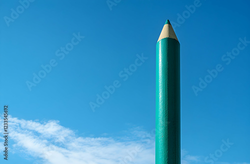 Giant Teal Pencil Under a Vivid Blue Sky photo