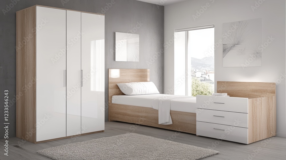 Fototapeta premium Modern Bedroom Furniture Set with White Gloss Wardrobe