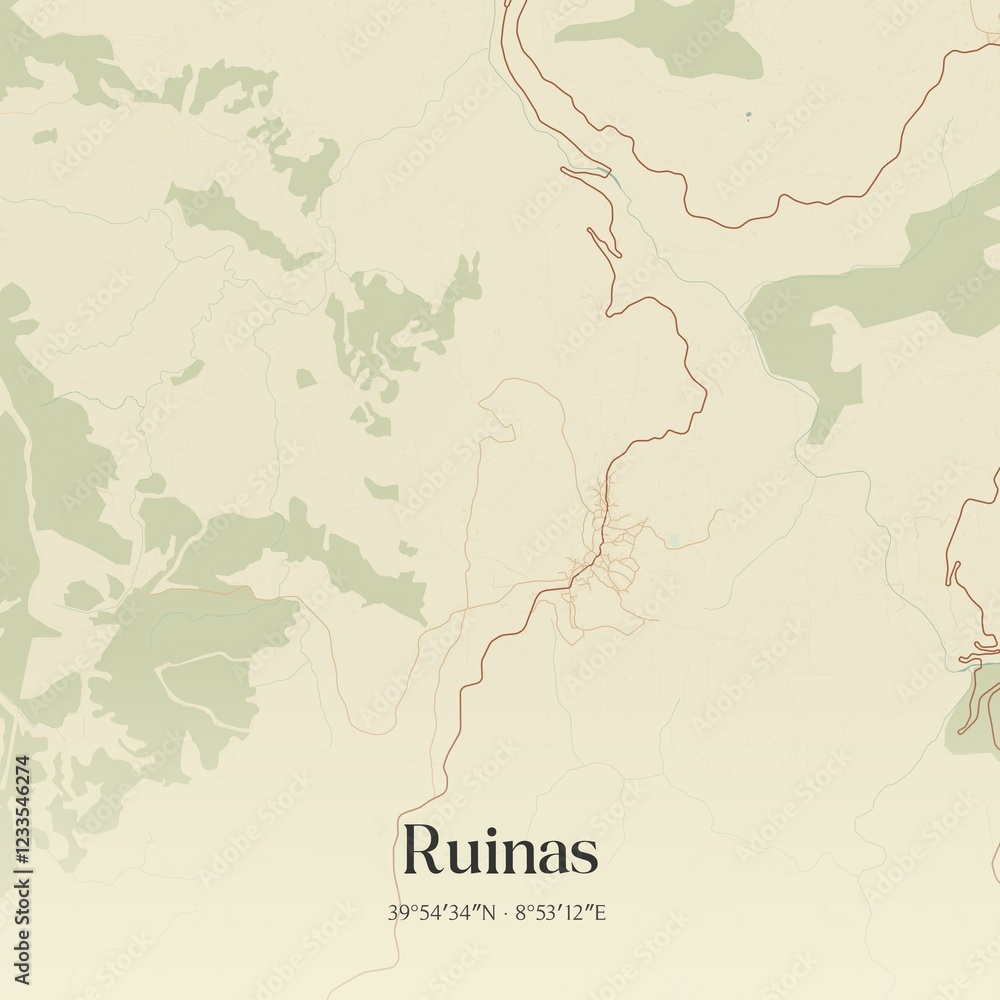 Fototapeta premium Vintage map of Ruinas, Italy.
