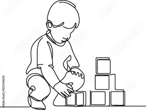 Adorable Toddler Playing with Blocks in Line Art photo