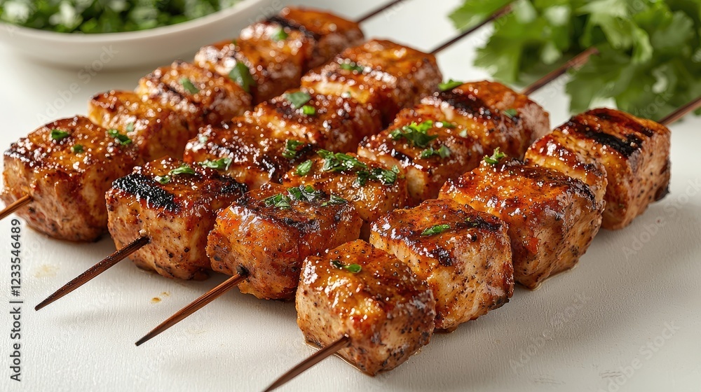 Grilled skewers of marinated chicken garnished with herbs on a white surface Grilled skewers of marinated chicken garnished with herbs on a white surface