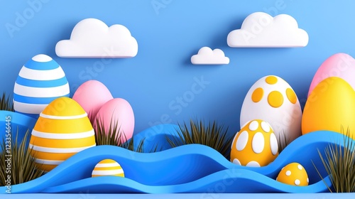 Colorful and playful Easter eggs resting on a vibrant blue background with clouds and grassy accents.