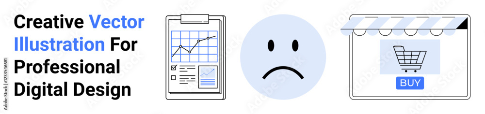 Obraz premium Chart clipboard tracking performance, sad face highlighting customer feedback, online shopping cart for e-commerce insights. Ideal for business analysis, customer satisfaction, e-commerce, digital