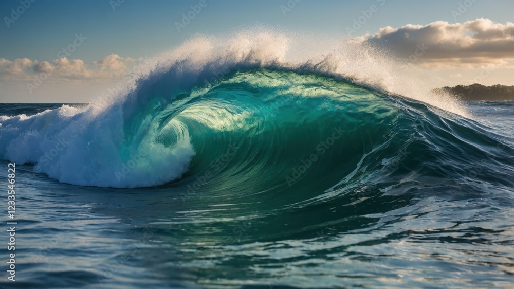 A majestic ocean wave curls, showcasing vibrant turquoise hues and white foam as it crests. Sunlight illuminates the water's depths, creating a breathtaking spectacle of nature's power and beauty.
